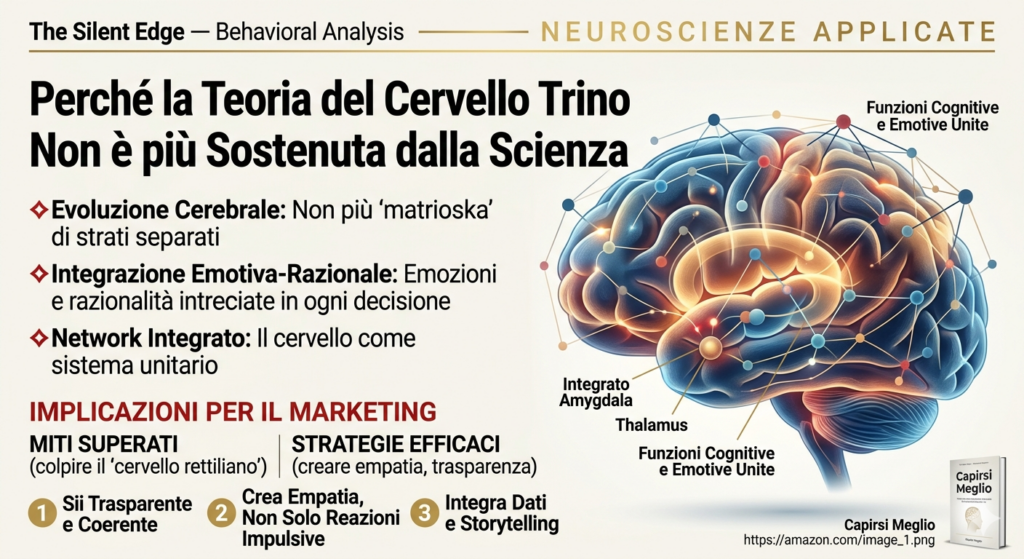 Infografica professionale sul cervello umano intitolata 'Perch&eacute; la Teoria del Cervello Trino Non &egrave; pi&ugrave; Sostenuta dalla Scienza'. A sinistra, punti chiave smentiscono la visione a 'matrioska' di strati evolutivi separati e spiegano l'integrazione emotiva-razionale e il network integrato come sistema unitario. A destra, un'illustrazione conceptuale del cervello come rete interconnessa di nodi e pathways luminosi, che fonde l'amigdala e il talamo con la neocorteccia. In basso, la copertina del libro 'Capirsi Meglio' di Fabio Pandiscia. Stile The Silent Edge bianco, oro e blu